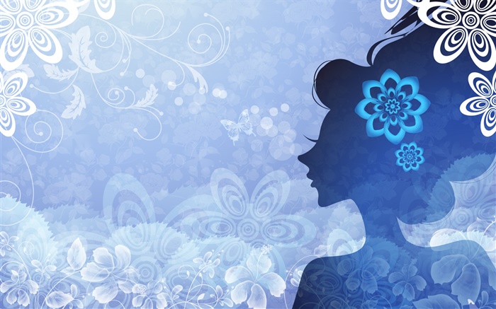 Голубой фон, вектор девочка, цветы, бабочки обои,s изображение