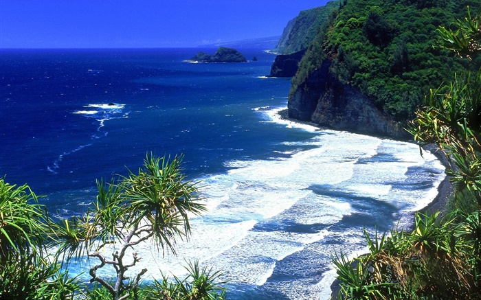 Синее море, побережье, горы, Гавайи, США обои,s изображение