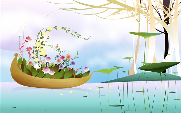 Лодка, цветы, деревья, река, весенний сезон, творческий, вектор дизайн обои,s изображение