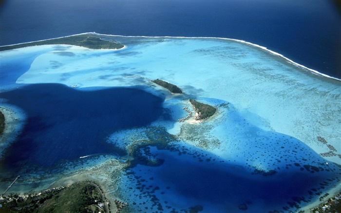 Bora Bora, Французская Полинезия, курорт, пляж, море, вид сверху обои,s изображение