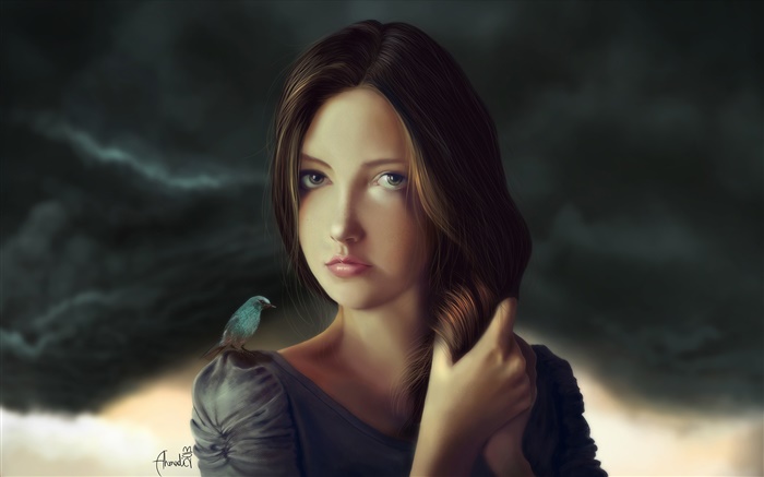 Коричневый цвет волосы фантазии девушка с птицей обои,s изображение