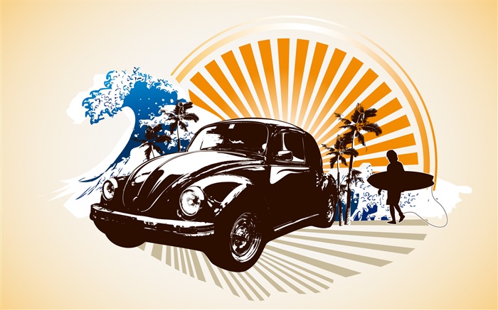 Автомобиль, пальмы, человек, побережье, тропические, векторные картинки обои,s изображение