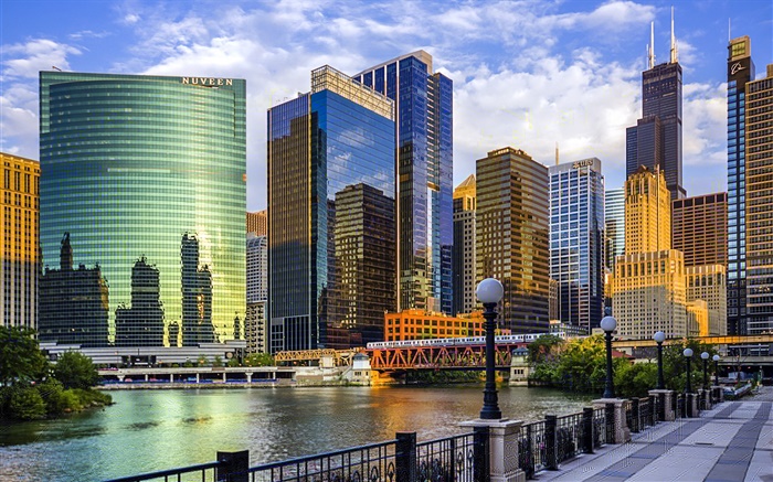 город Чикаго, штат Иллинойс, США, небоскребы, река, мост обои,s изображение