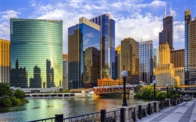 город Чикаго, штат Иллинойс, США, небоскребы, река, мост HD обои