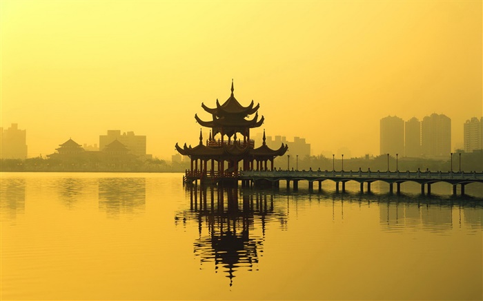 Китайский пейзаж, павильон, озеро, закат обои,s изображение
