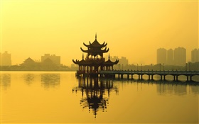 Китайский пейзаж, павильон, озеро, закат