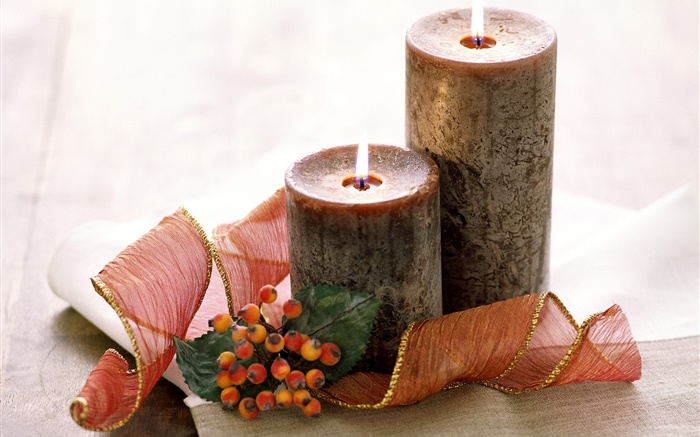 Рождество, свечи, огонь, ягоды, ленты обои,s изображение