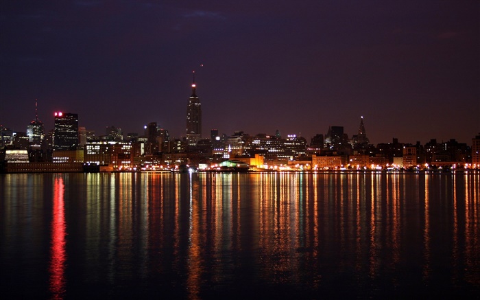 Город ночью, красивые, здания, огни, река, отражение обои,s изображение