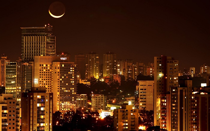 Город ночью, дома, огни, луна обои,s изображение