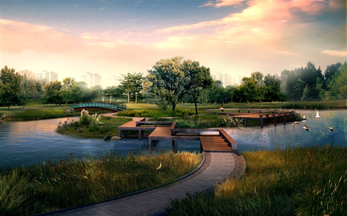 Городской парк, деревянный мост, река, птицы, деревья, 3D дизайн обои,s изображение