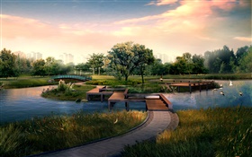 Городской парк, деревянный мост, река, птицы, деревья, 3D дизайн HD обои
