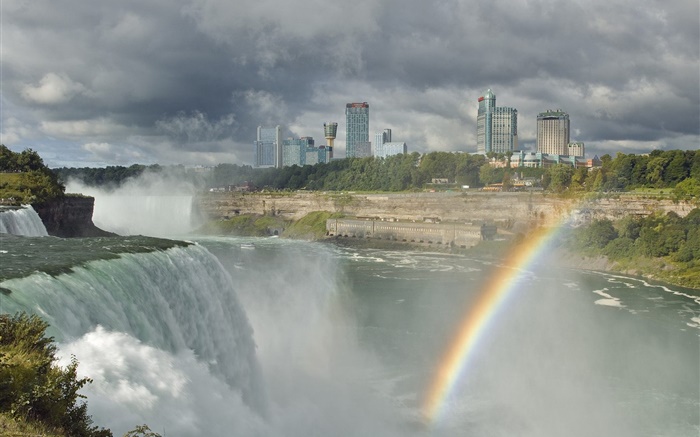 Город, водопады, реки, радуга, облака обои,s изображение