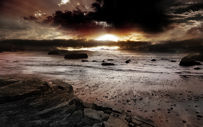 Побережье, закат, море, пляж, облака, солнце обои,s изображение