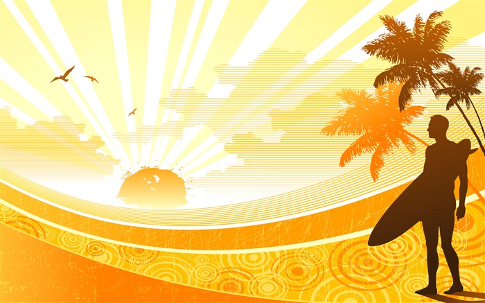 Побережье, тропический, пальмы, солнце, человек, вектор дизайн обои,s изображение