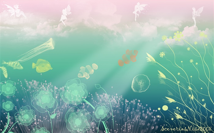 Креативный дизайн, искусство, подводный, море, рыба, цветы, ангел обои,s изображение