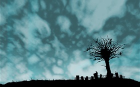 Креативные фотографии, черная форма, дерево, птицы, забор, облака