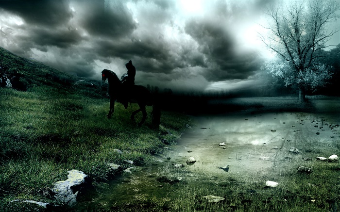 Креативные картинки, трава, лошадь, река, деревья, облака обои,s изображение