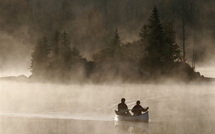 Рассвет, река, лодка, туман обои,s изображение