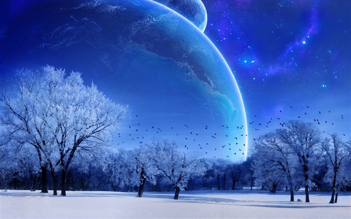 Мир мечты, зима, деревья, птицы, планеты, синий стиль обои,s изображение