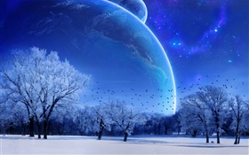 Мир мечты, зима, деревья, птицы, планеты, синий стиль