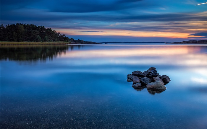 Dusk, озеро, вода, камни, деревья, природа пейзаж Норвегия обои,s изображение