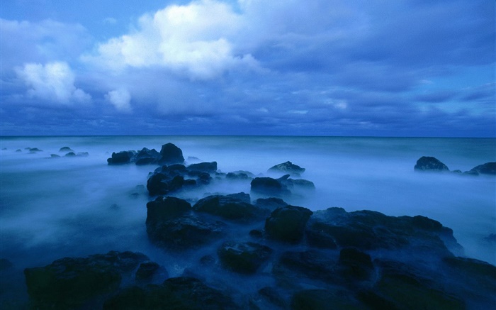 Dusk, море, берег, скалы, облака, синий стиль обои,s изображение