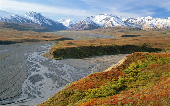 East Fork реки, горы, осень, Национальный парк Денали, Аляска, США обои,s изображение