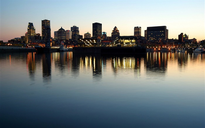 Вечер, сумерки, город, здания, река, вода отражение обои,s изображение