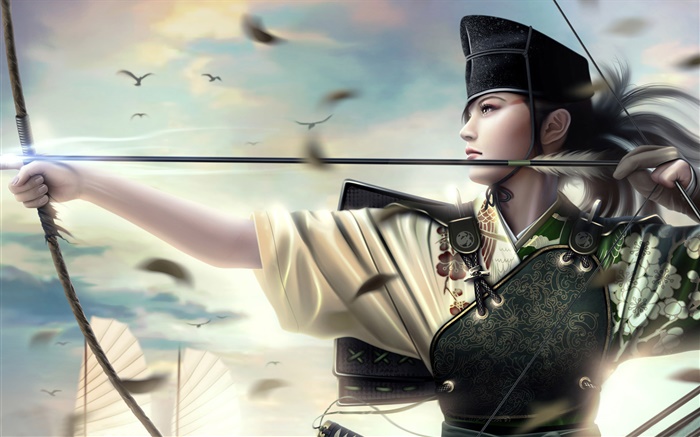 Фэнтези Азиатская девушка, воин, лук, лодка обои,s изображение