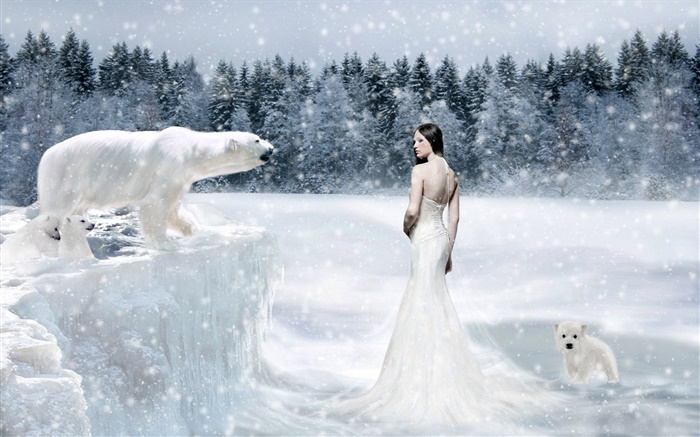 Фэнтези девушки и белые медведи, холодный обои,s изображение