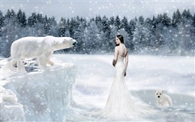 Фэнтези девушки и белые медведи, холодный HD обои