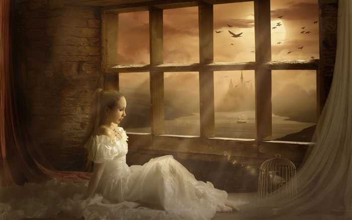 Фантазия девушка у окна стороне, луна, ночь обои,s изображение
