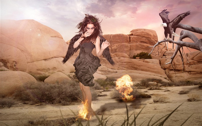 Фэнтези девушка, черные крылья, скалы, огонь обои,s изображение