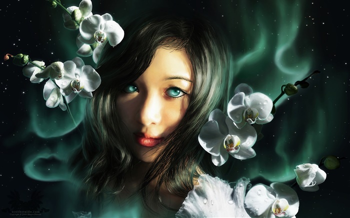 Фэнтези девушка, голубые глаза, орхидеи обои,s изображение