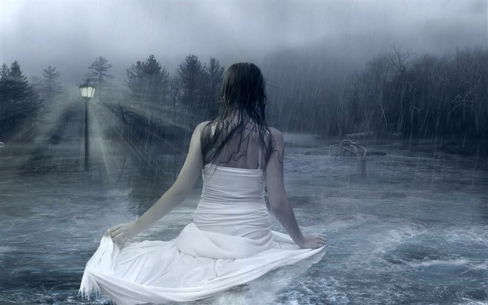 Фэнтези девушка в дождливую ночь, вода, светильники, деревья обои,s изображение