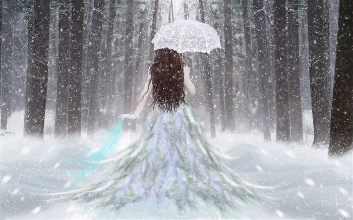 Фэнтези девушка в зимнем лесу, снег, зонтик, вид сзади обои,s изображение