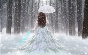 Фэнтези девушка в зимнем лесу, снег, зонтик, вид сзади
