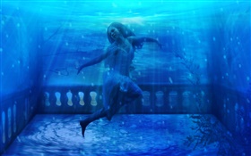 Фэнтези девушка в подводной, голубой воде