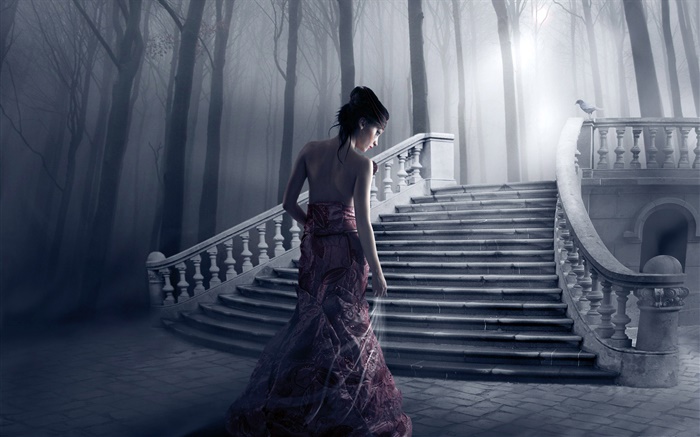 Фэнтези девушка, ночь, лестницы, деревья обои,s изображение