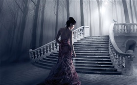 Фэнтези девушка, ночь, лестницы, деревья HD обои