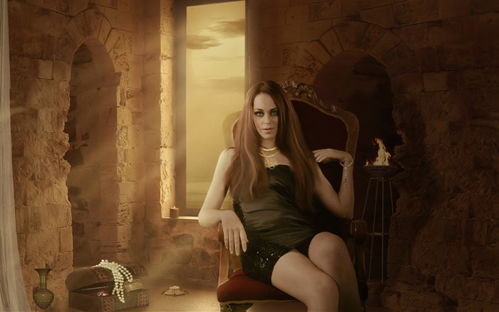 Фэнтези девушка сидит на стуле, комната, свечи, ювелирные изделия обои,s изображение