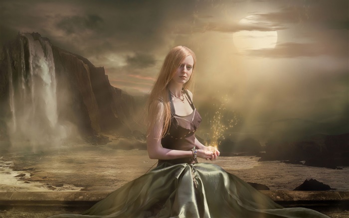 Фантазия девушки присесть, магия, луна обои,s изображение