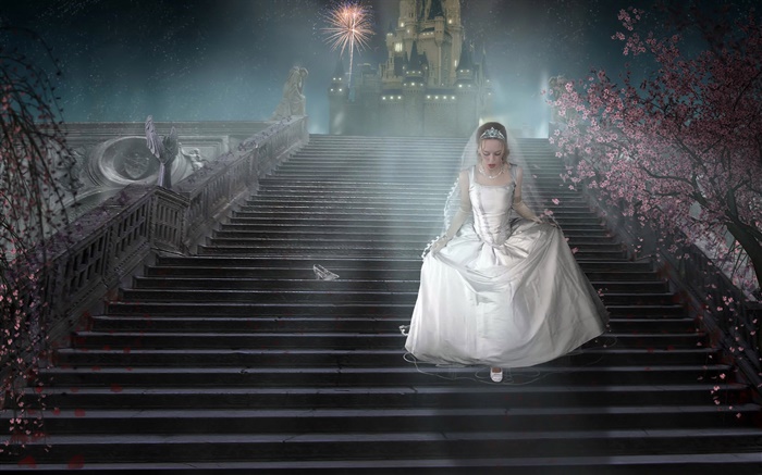 Фэнтези девушка, белое платье, лестницы, обувь обои,s изображение