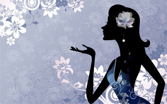 Мода вектор девочка, цветы, синий фон обои,s изображение