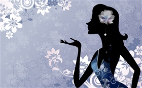 Мода вектор девочка, цветы, синий фон