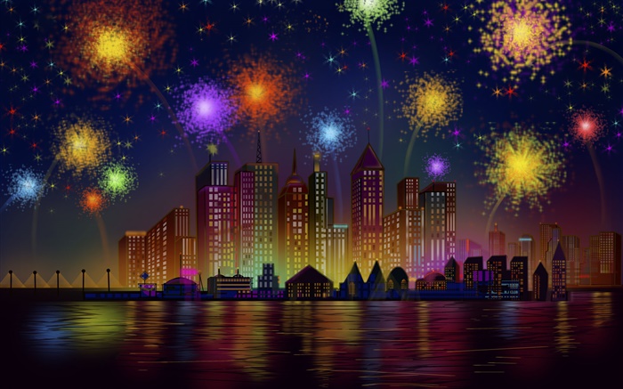 Фестиваль фейерверков, город, ночь, здания, вектор обои,s изображение