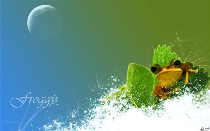Лягушка, снег, зеленый лист, творческие фотографии обои,s изображение