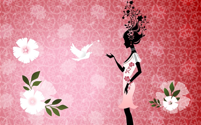 Девочка и голубь, птица, цветы, розовый фон, вектор дизайн фотографии обои,s изображение