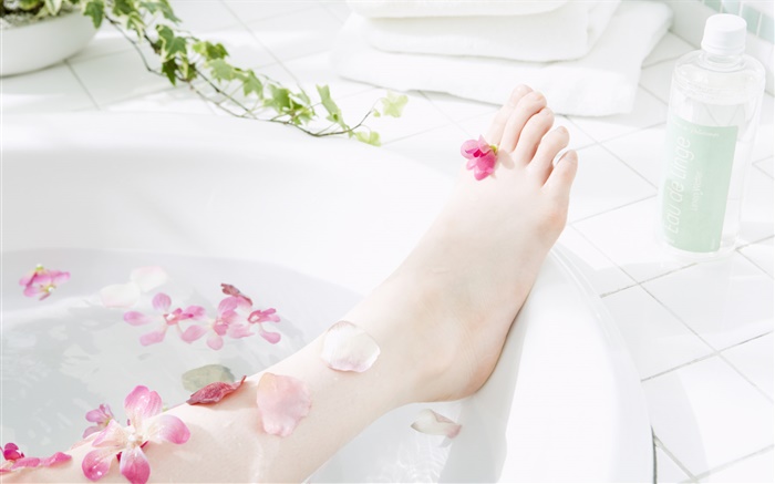 Девочка ноги, лепестки, ванна, SPA тема обои,s изображение