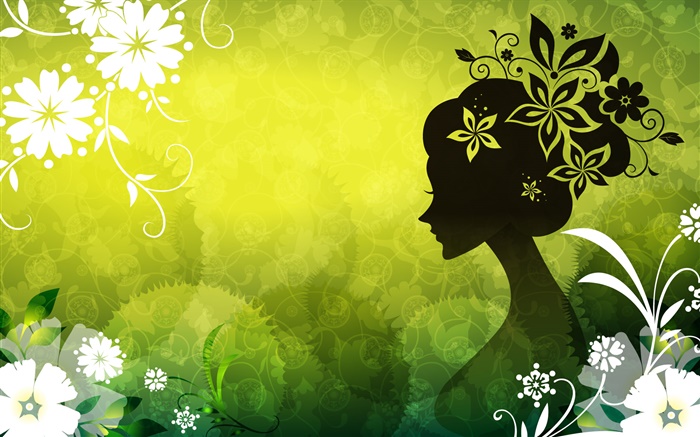 Зеленый фон, красивая девушка, вектор, цветы обои,s изображение